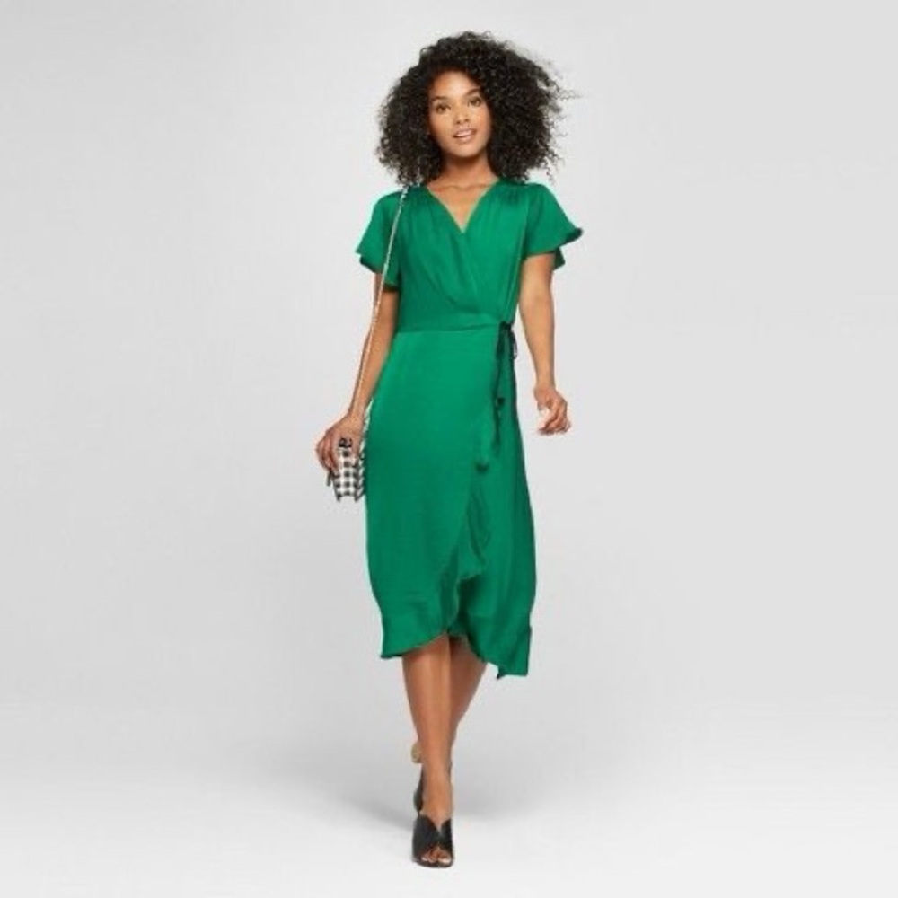 Who What Wear Green Asymmetrical Wrap Midi Dress